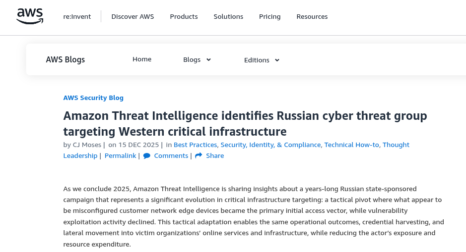 Amazon atribuye al GRU ruso una campaña prolongada contra infraestructura energética y servicios en la nube